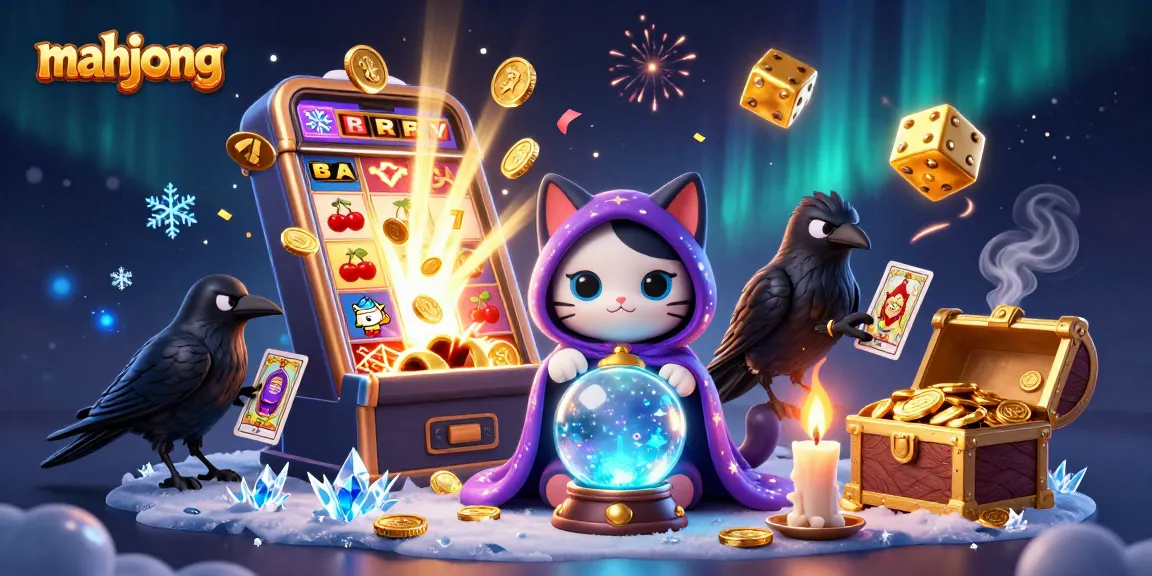 Engaging mahjong gameplay illustration featuring mystic cat and raven with slot machine explosions.