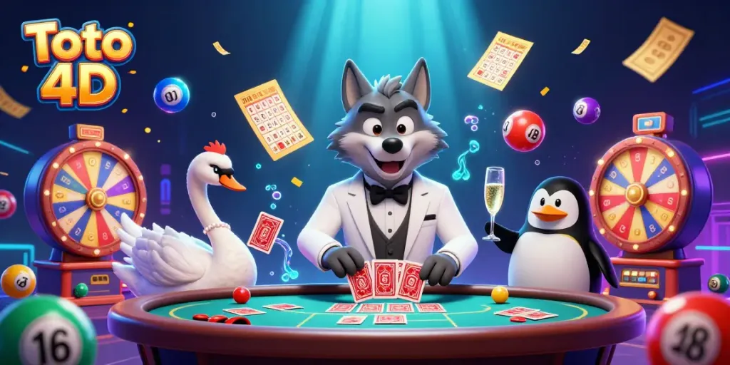Menghadapi Toto 4D: ilustrasi kartun 3D menunjukkan wolf, angsa, dan penguin di kasino