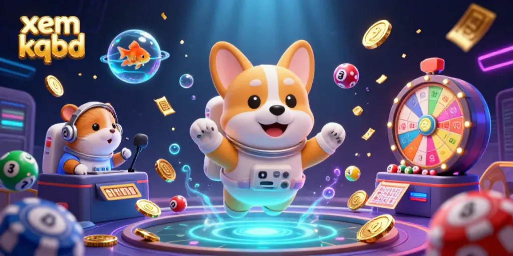 Experience xem kqbd with colorful casino elements and characters in a dynamic space scene.