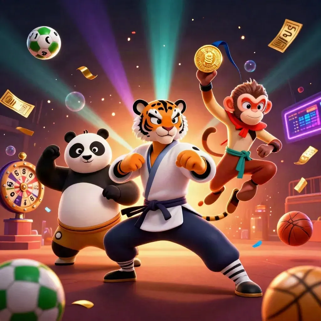 Tiga hewan kung-fu beraksi di latar mistis dengan bola lotre, roda hadiah, dan efek cahaya emas.
