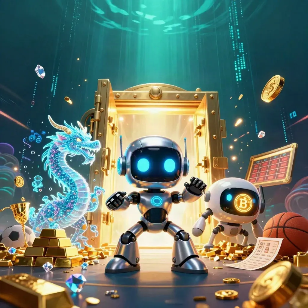 Robot cyberpunk, naga AI holografik, dan drone koin di depan pintu harta emas bawah laut.