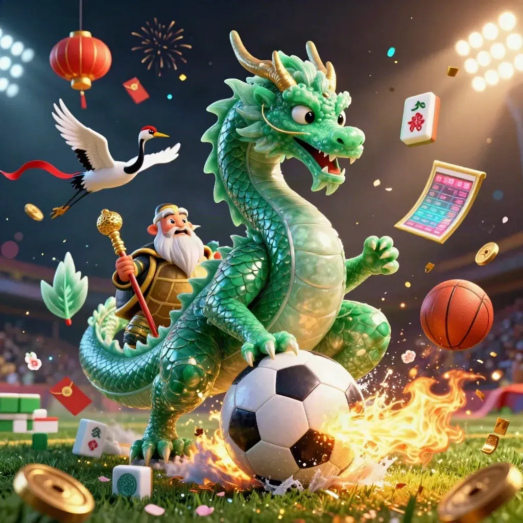 Naga, kura-kura, dan bangau mistis mengelilingi bola sepak dan elemen kasino neon.