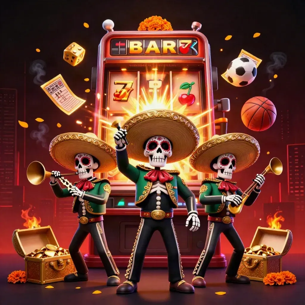 Tiga kerangka mariachi, mesin slot, bola olahraga, emas dan kilau merah gelap.