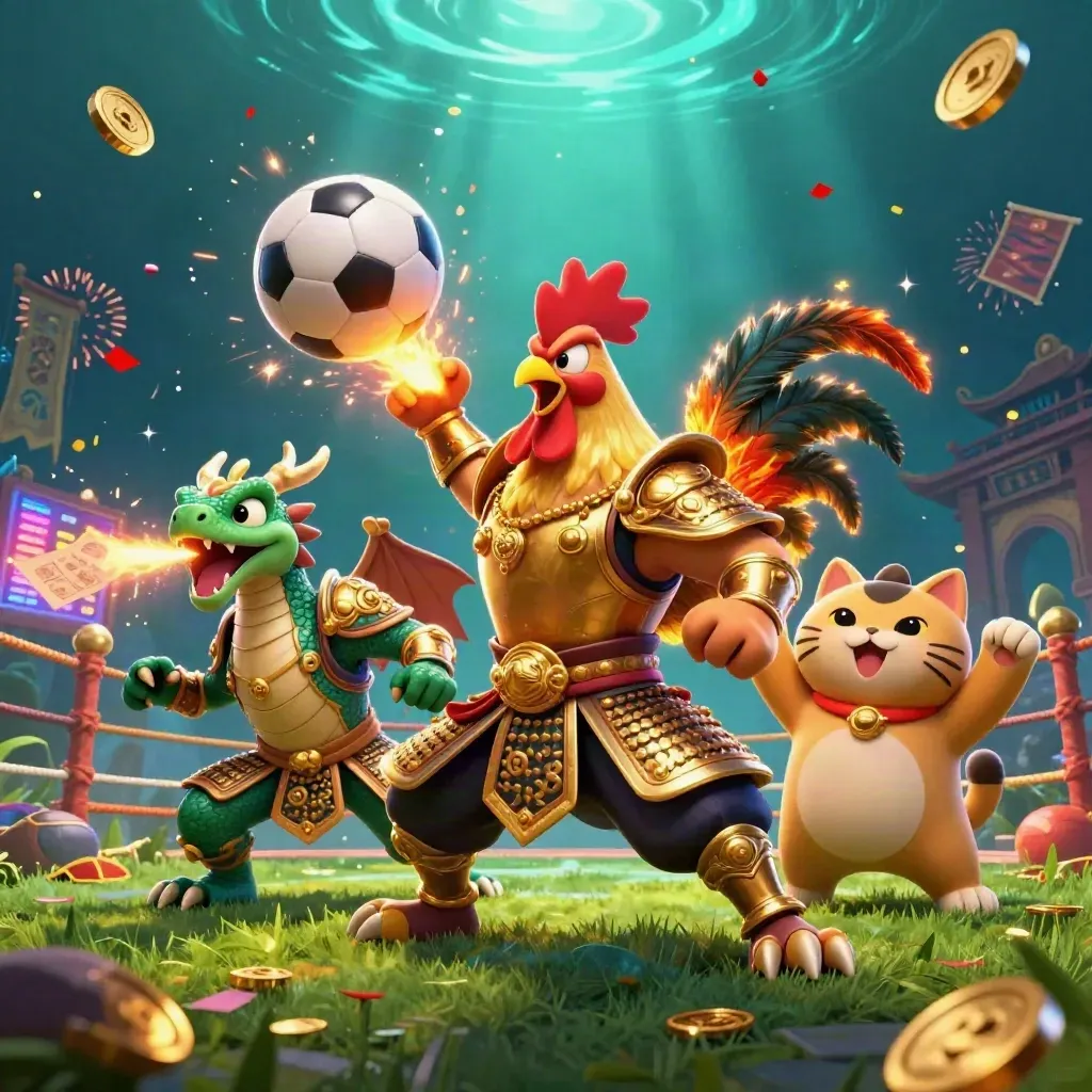 Ayam samurai, naga kecil, dan kucing hoki di arena mistis dengan bola, koin, dan cahaya meledak.