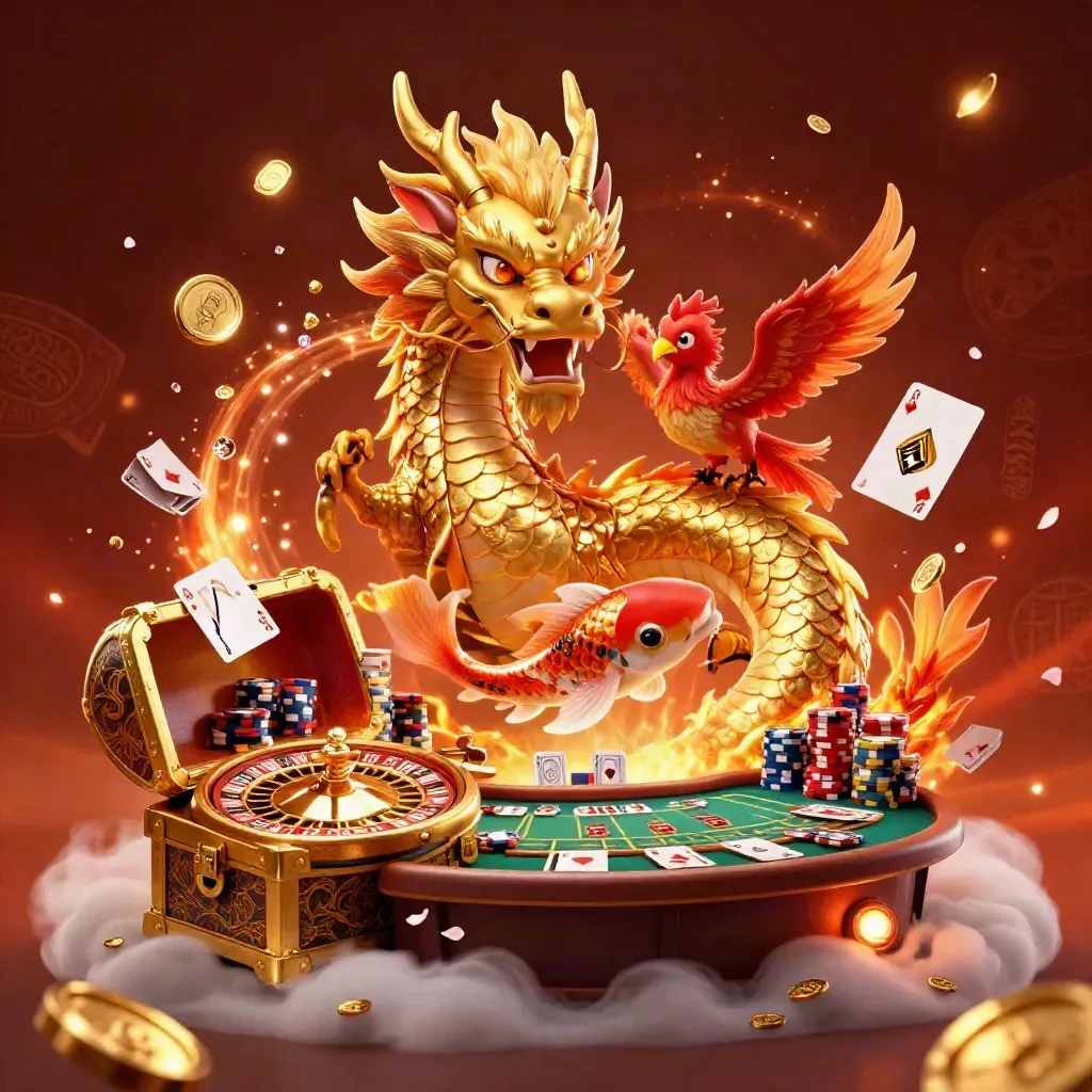 Naga emas, phoenix merah, dan koi di meja kasino mistis dengan koin emas dan cahaya dramatis.