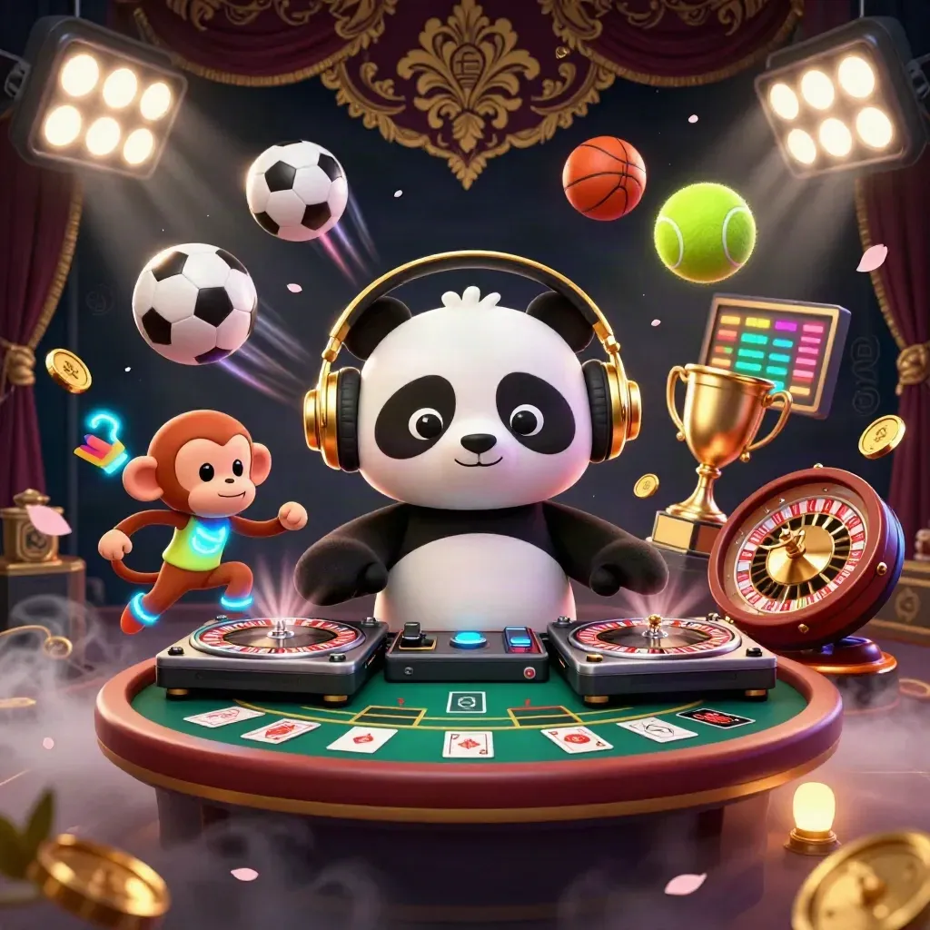Panda DJ, monyet breakdance, dan kucing glow-stick di kasino mewah bercahaya emas.