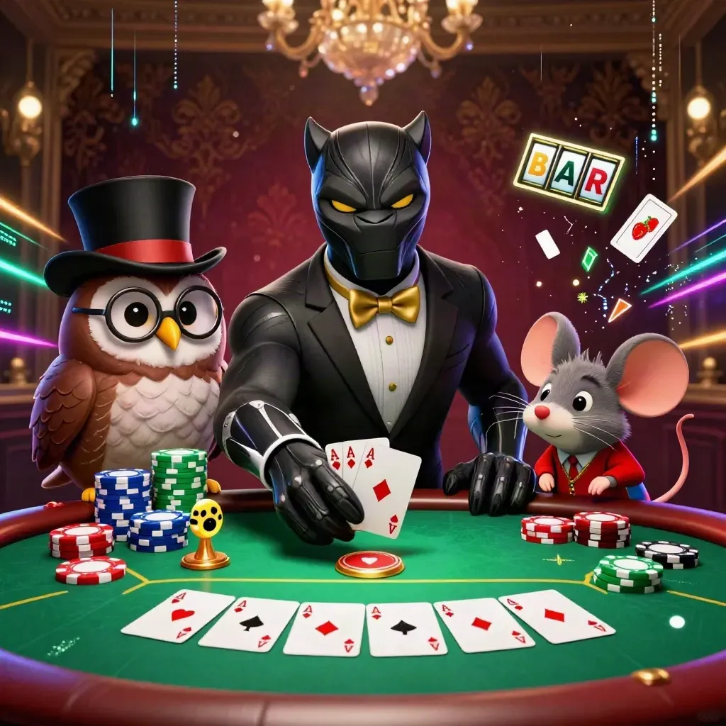 Panther, burung hantu, dan tikus berjudi di meja poker emas dengan kilau zamrud.