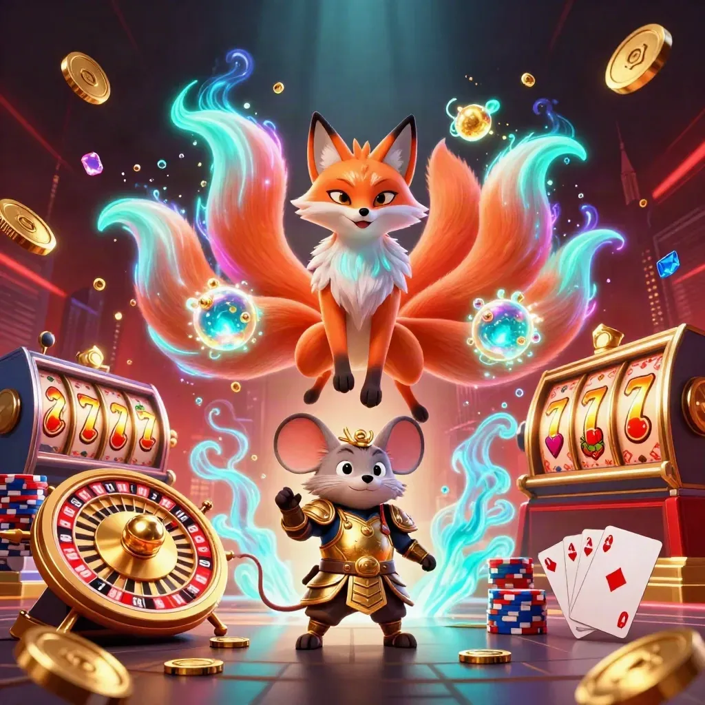 Rubah roh sembilan ekor dan tikus samurai emas dikelilingi koin, permata, dan efek neon.