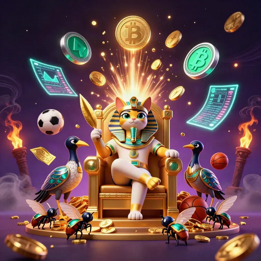 Kucing firaun kartun di takhta emas, ibis, scarab, koin emas, bola, dan ledakan jackpot.