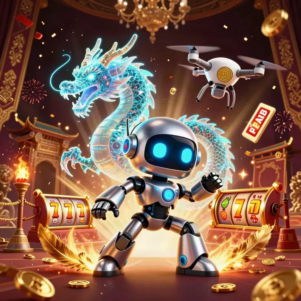 Robot cyberpunk, naga holografik, dan drone koin di latar kasino mistis emas.
