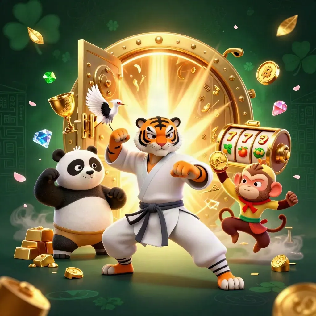 Harimau kung-fu, panda, dan monyet berebut emas di depan brankas ajaib.
