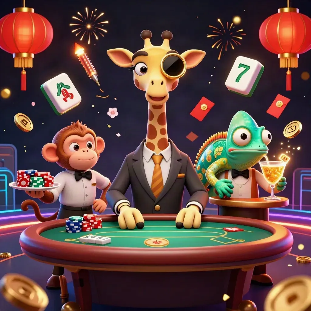 Jerapah high-roller, monyet valet, dan bunglon bartender di meja poker VIP penuh kilau emas.