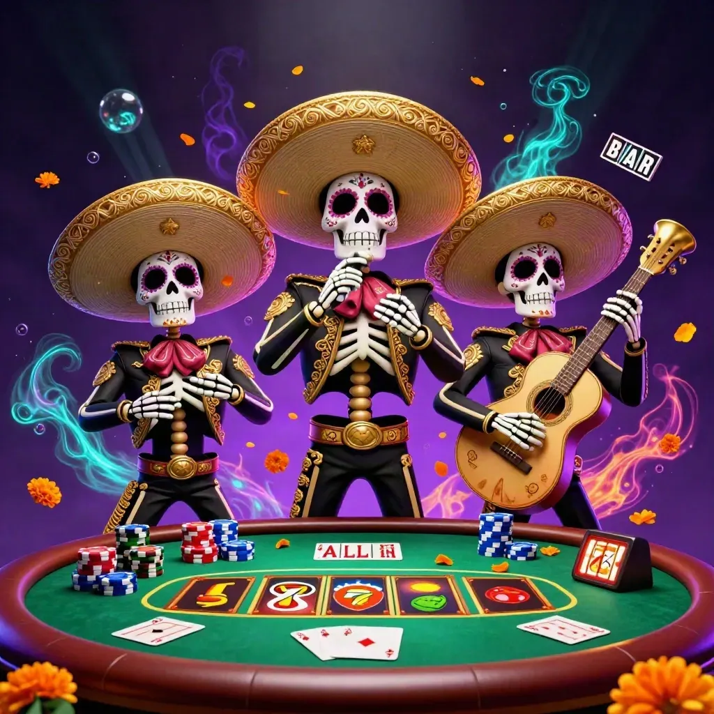 Tiga kerangka mariachi main poker di meja neon, dikelilingi chip, kartu as, dan efek mistis.