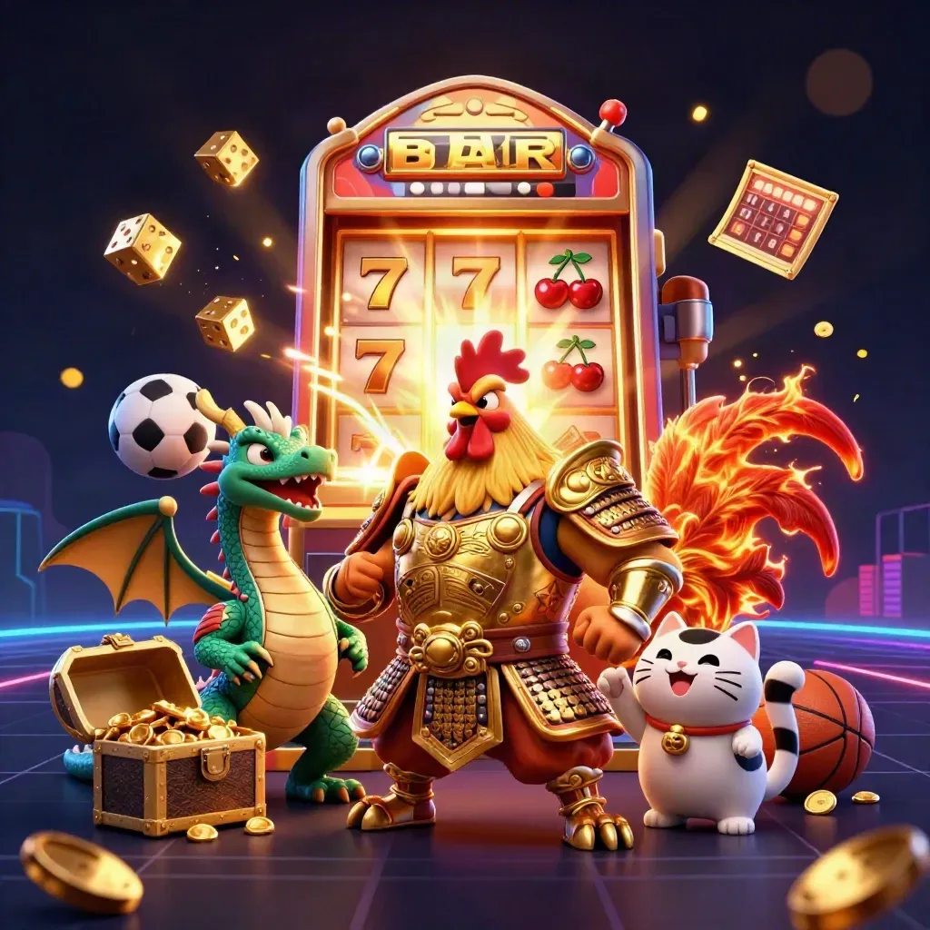 Ayam samurai, naga kecil, dan kucing keberuntungan di latar mesin slot emas.