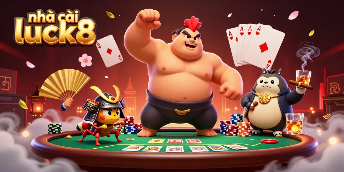 Experience the excitement at nhà cái luck8 with a powerful rooster sumo wrestler and themed casino elements.