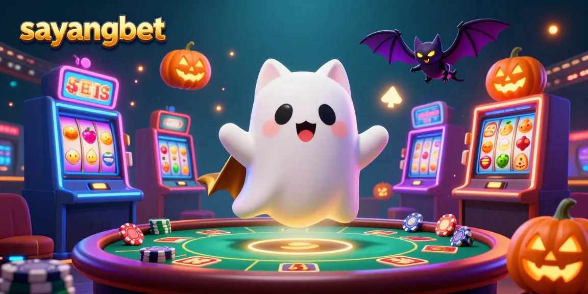 Experience the thrilling ambiance of sayangbet with a friendly ghost cat and vibrant casino elements.