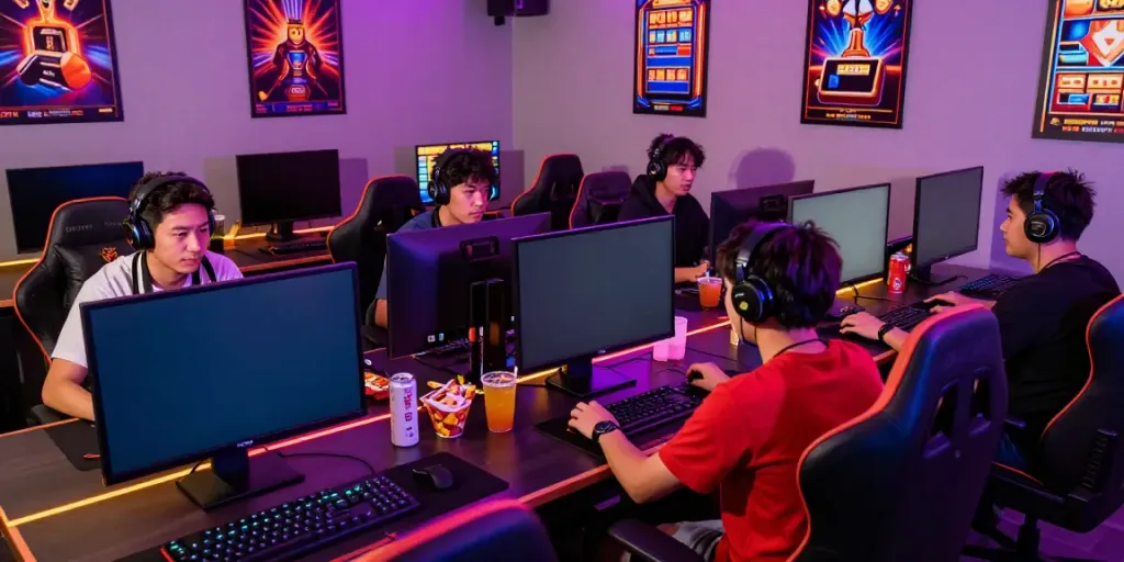 Dynamic indoor gaming scene with friends playing slot gacor online.