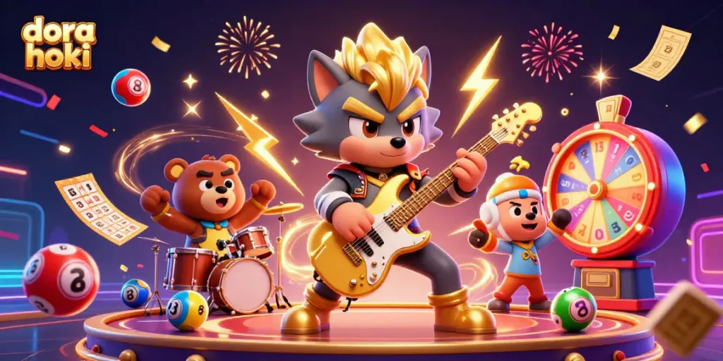 Dora hoki merayakan kemenangan dengan gambar kartun 3D yang menampilkan karakter seru di panggung kasino.