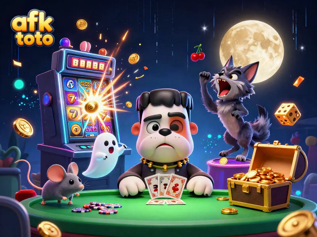 Gambarkan afk toto melalui ilustrasi 3D lucu, dengan monster bulldog yang mendistribusikan kartu di meja kasino dengan harta melimpah.