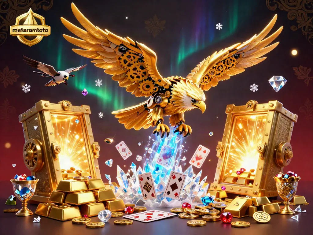 Engage with mataramtoto's thrilling gaming experience as a golden eagle dives through shimmering cards amidst treasure and light.