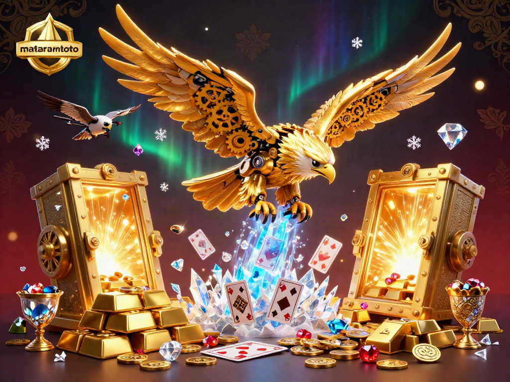 Engage with mataramtoto's thrilling gaming experience as a golden eagle dives through shimmering cards amidst treasure and light.
