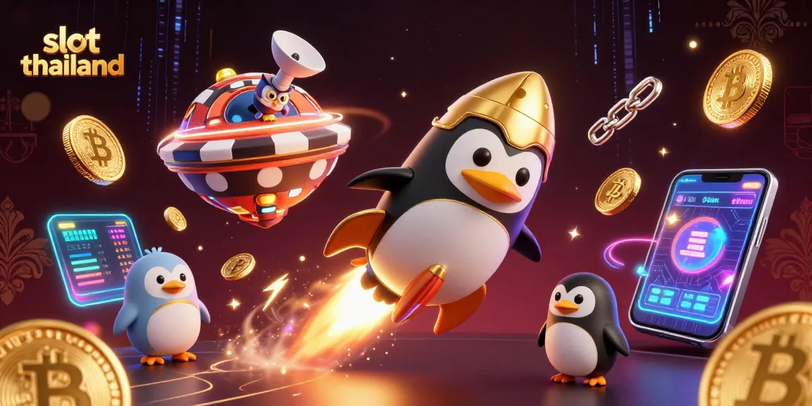 Experience thrilling gameplay with slot thailand as a golden penguin navigates through a vibrant casino space.