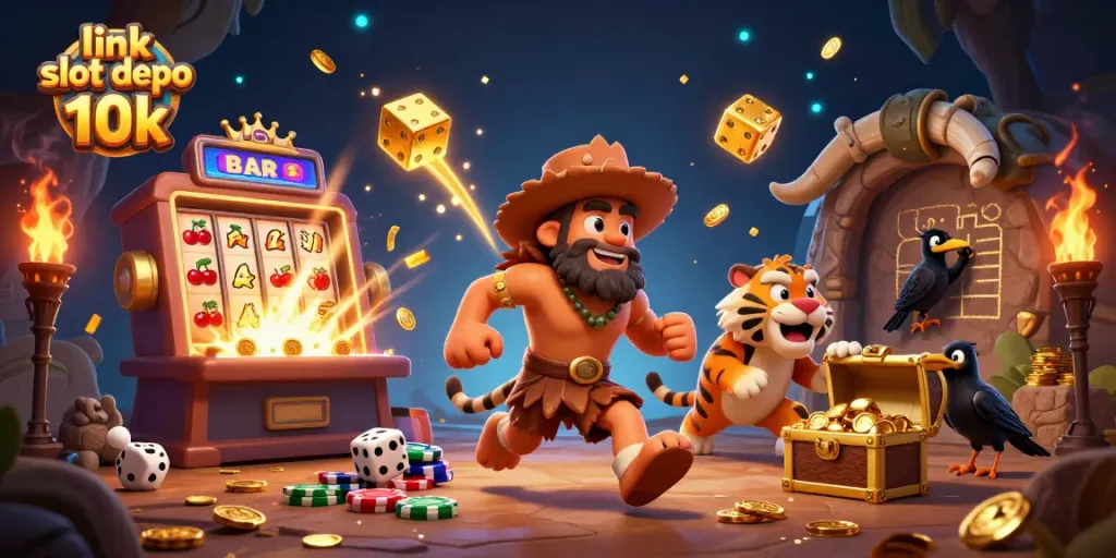 Experience big wins with link slot depo 10k as animated cavemen and creatures celebrate in a vibrant casino.