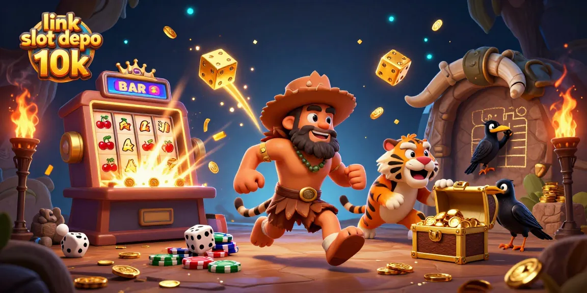 Experience big wins with link slot depo 10k as animated cavemen and creatures celebrate in a vibrant casino.