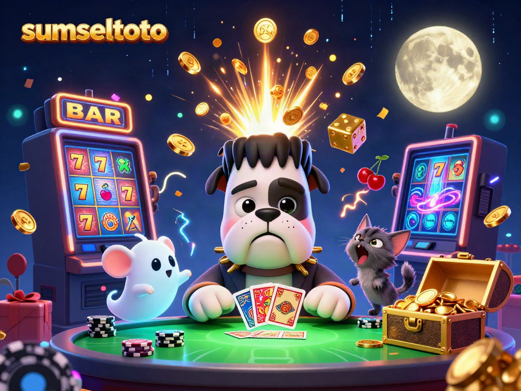 Experience the thrill of sumseltoto as a Frankenstein bulldog dealer entertains at a vibrant casino table.