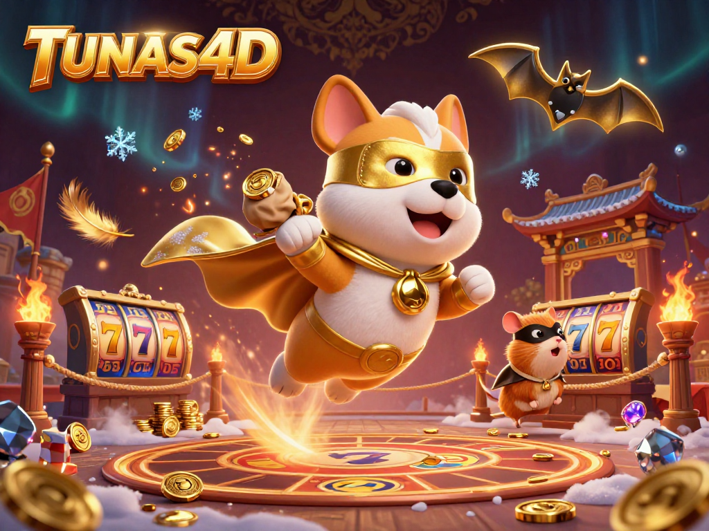 TUNAS4D showcases a vibrant 3D illustration featuring a superhero dog and hamster in a dynamic casino scene.