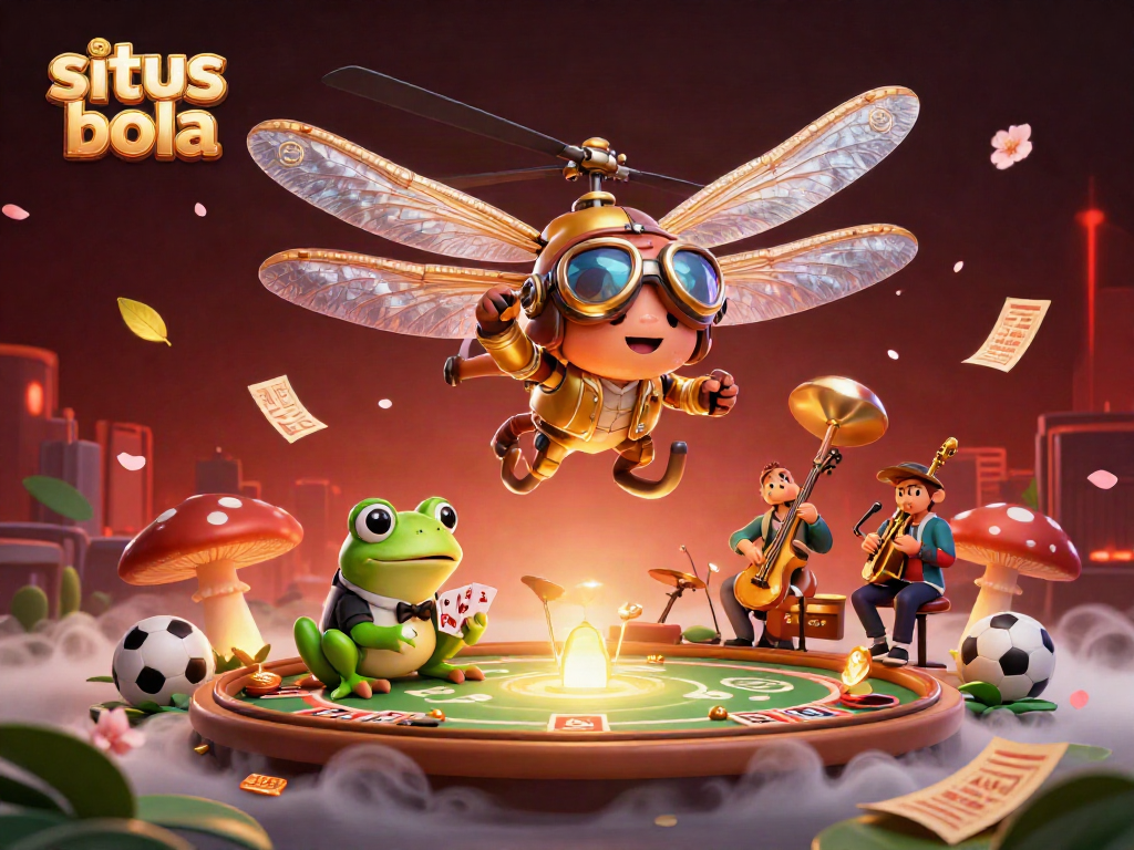 Gambarkan aktivitas situs bola dengan croupier katak dan pilot helikopter serangga.
