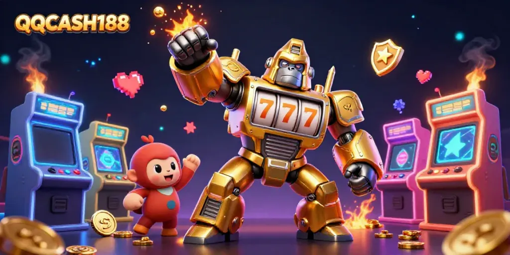 Engage with QQCASH188's thrilling gaming experience illustrated by a golden mech gorilla with slot machine features.