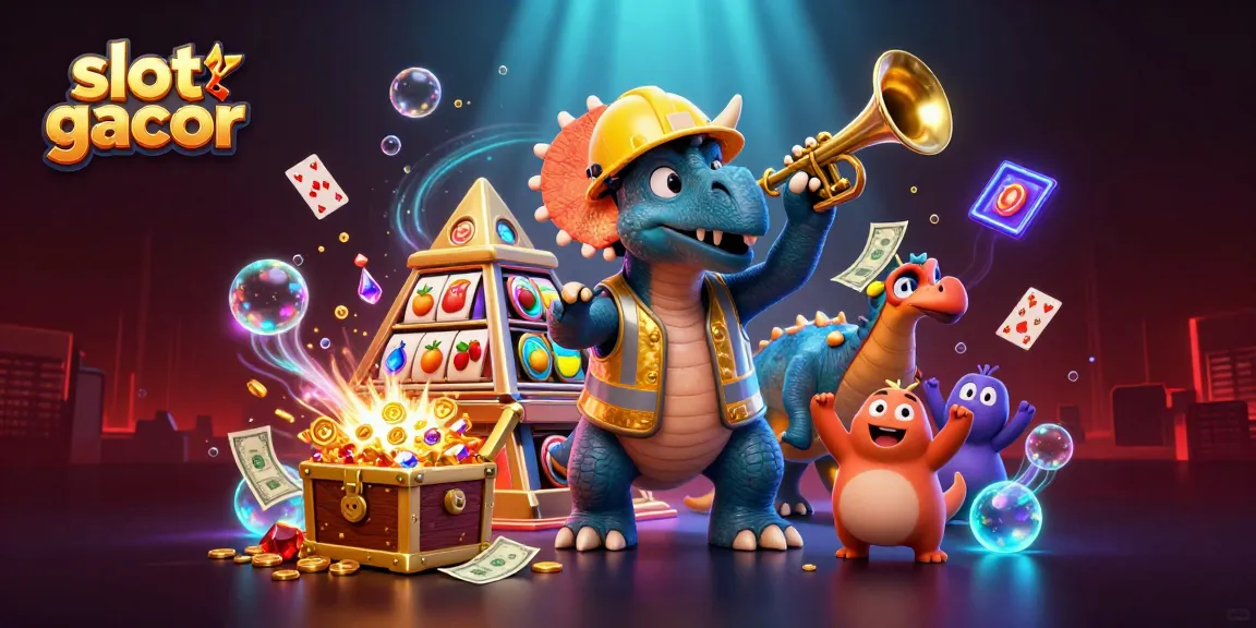 Join the slot gacor excitement with a vibrant scene of slot machines, cheers, and colorful treasures.