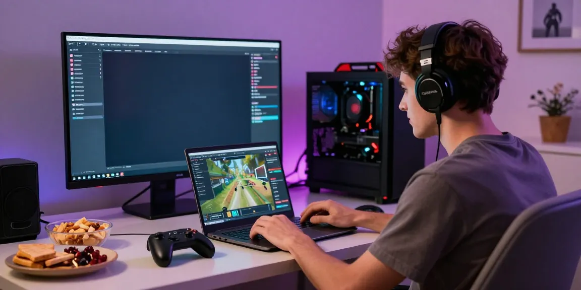 Pengguna hoki99 sedang bermain game online dengan laptop di ruang tamu modern.