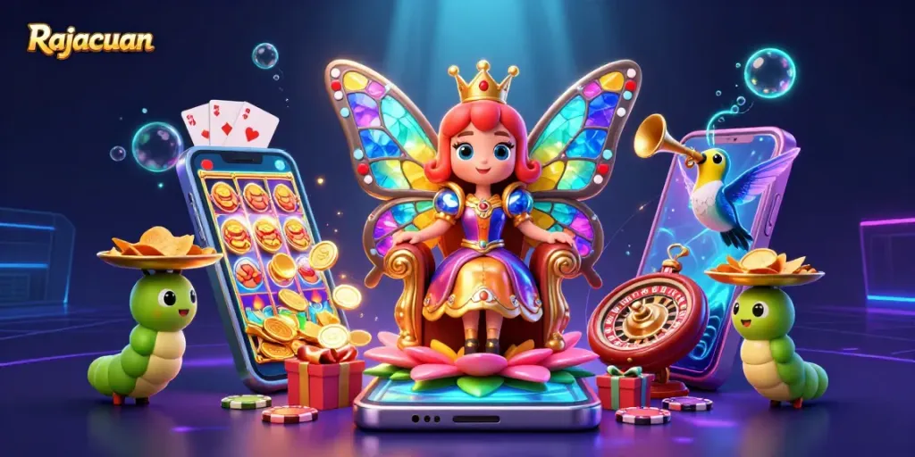 Rajacuan players spinning vibrant slot reels, engaging in dynamic gambling action with dazzling casino elements.