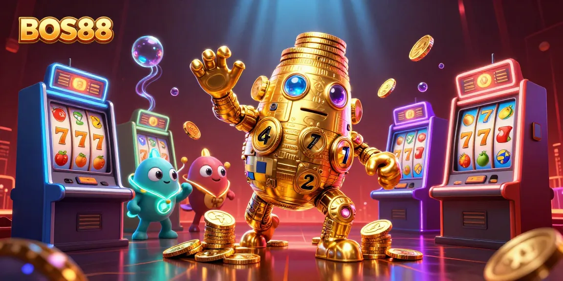 Rasakan pengalaman bermain slot online di BOS88 dengan golem emas dan simbol mesin slot yang menarik.