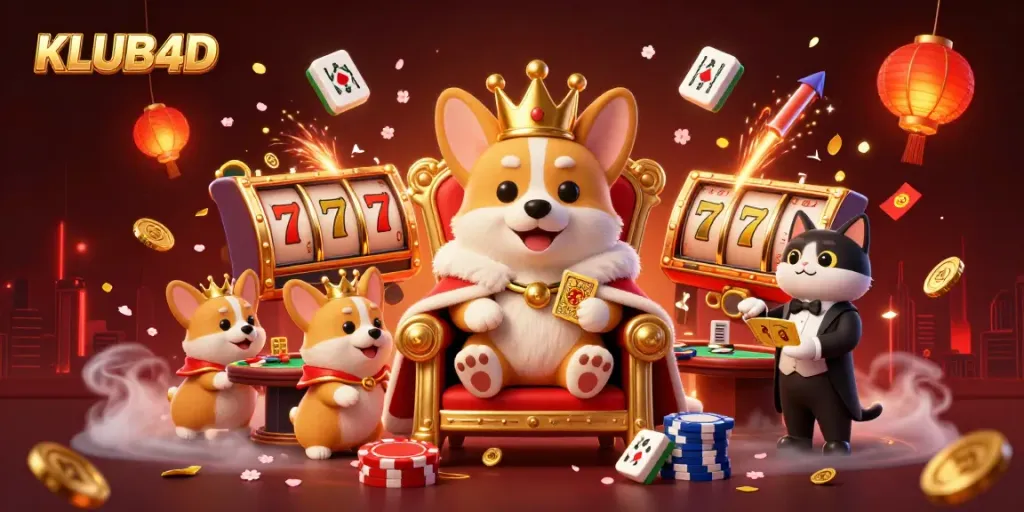 Gambarlah KLUB4D, taruhan besar dengan corgi raja dan permainan dadu yang berkilauan.