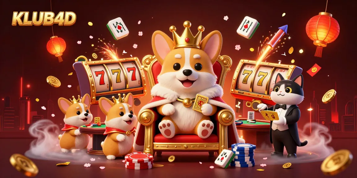 Gambarlah KLUB4D, taruhan besar dengan corgi raja dan permainan dadu yang berkilauan.