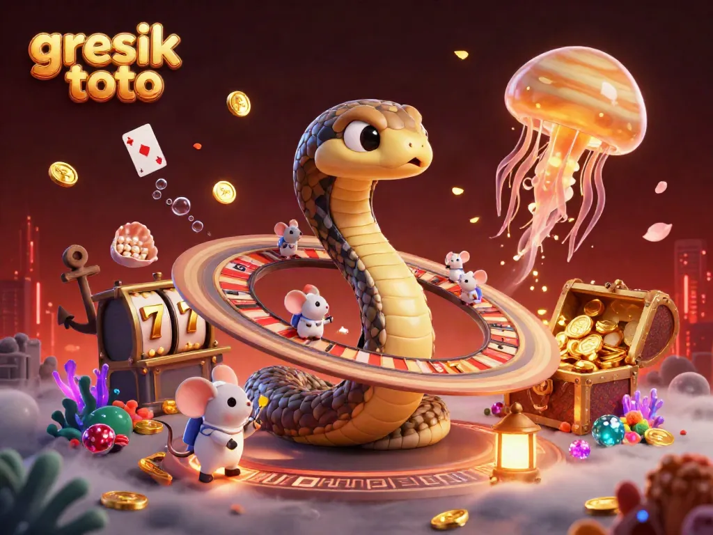 Place bets in the vibrant world of gresik toto with a cosmic roulette scene featuring a Saturn ring snake and astronaut mice.