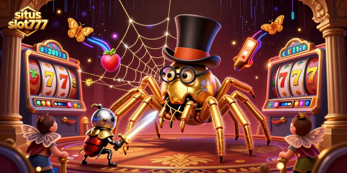 Spin the reels at situs slot777 with a golden tarantula and a knight in this dynamic casino scene.