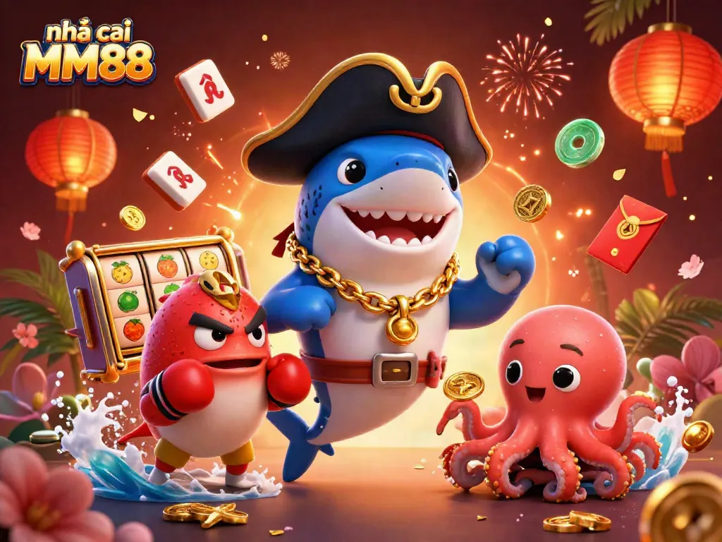 Engage with the thrilling world of nhà cái MM88 featuring vibrant casino elements and lively characters.