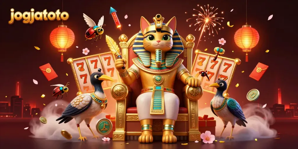 Experience winning at jogjatoto with vibrant scenes of spinning slot reels and dynamic casino elements.