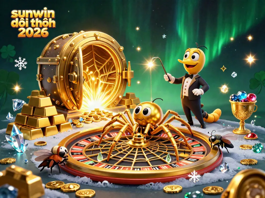 Experience the vibrant scene of sunwin đổi thưởng 2026 as a golden spider spins a roulette web with treasures surrounding.