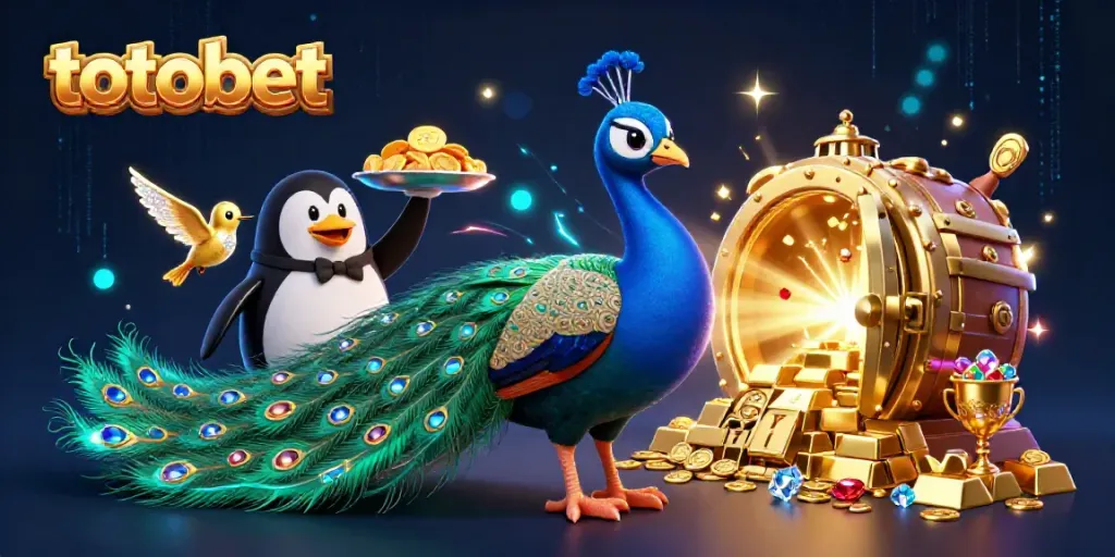 Mengakses totobet dengan gambar ilustrasi 3D merak dan penguin, siap untuk permainan berkesan.