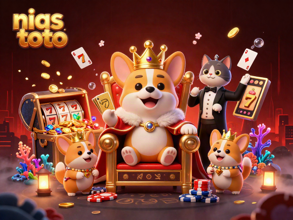 Gambarkan corgi kerajaan yang mengenakan mahkota emas di throne chip poker, "nias toto".