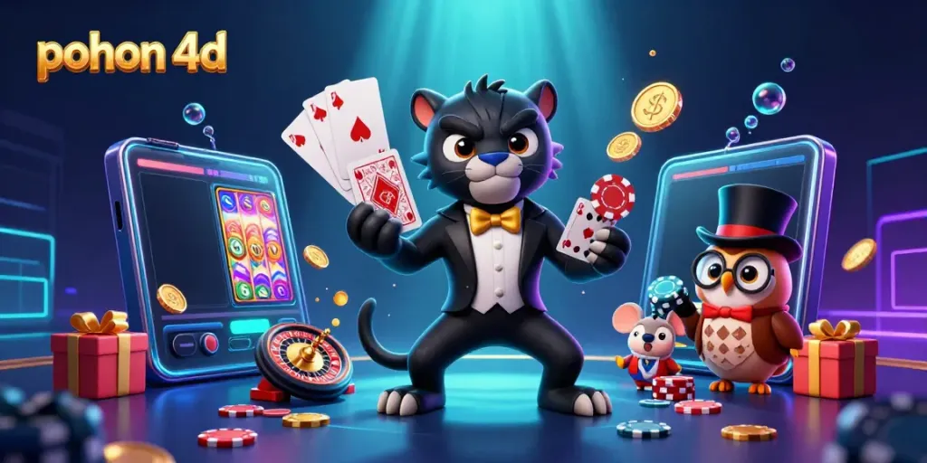 Engage with pohon 4d by playing colorful slots and enjoying casino games in this vibrant illustration.
