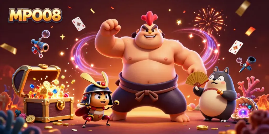 MPO08 engaging scene with sumo wrestler, fighting cricket, and tanuki announcer in a vibrant casino-themed illustration.