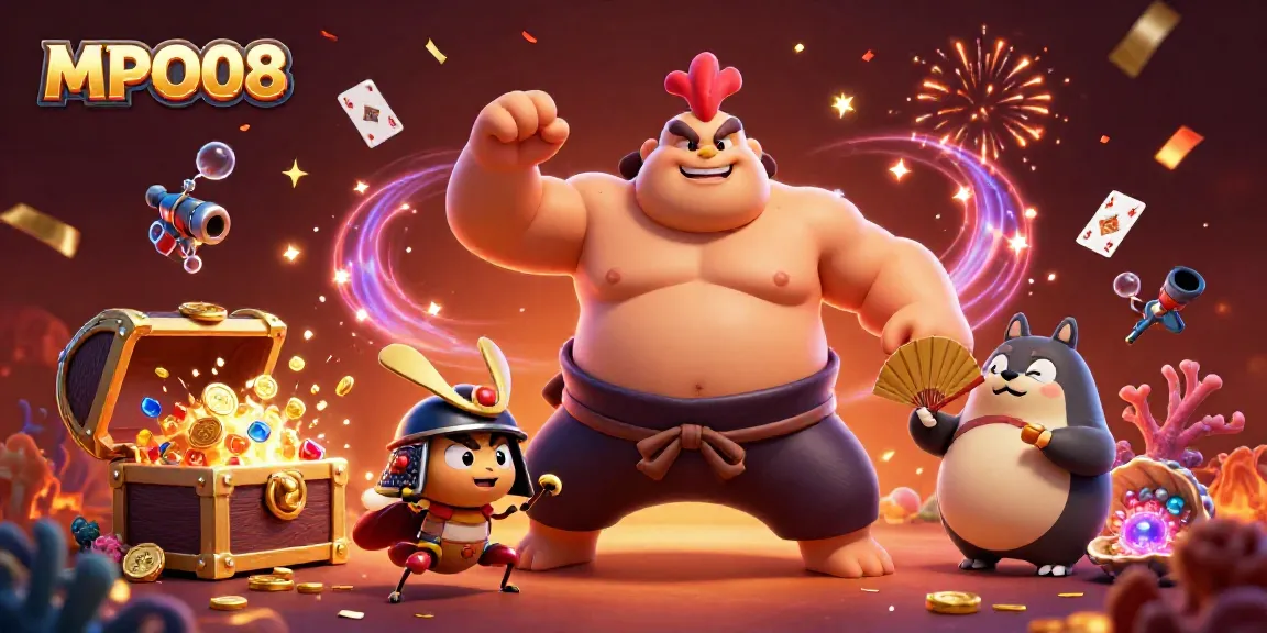 MPO08 engaging scene with sumo wrestler, fighting cricket, and tanuki announcer in a vibrant casino-themed illustration.