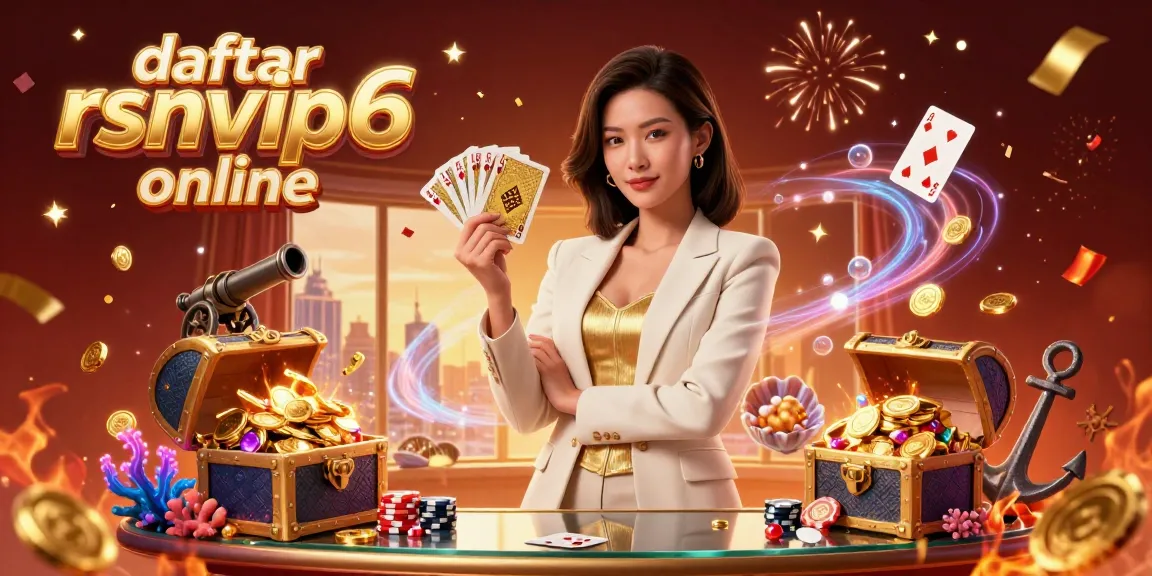 Experience daftar rsnvip6 online with an elegant Asian woman holding golden cards amidst casino-themed treasures.