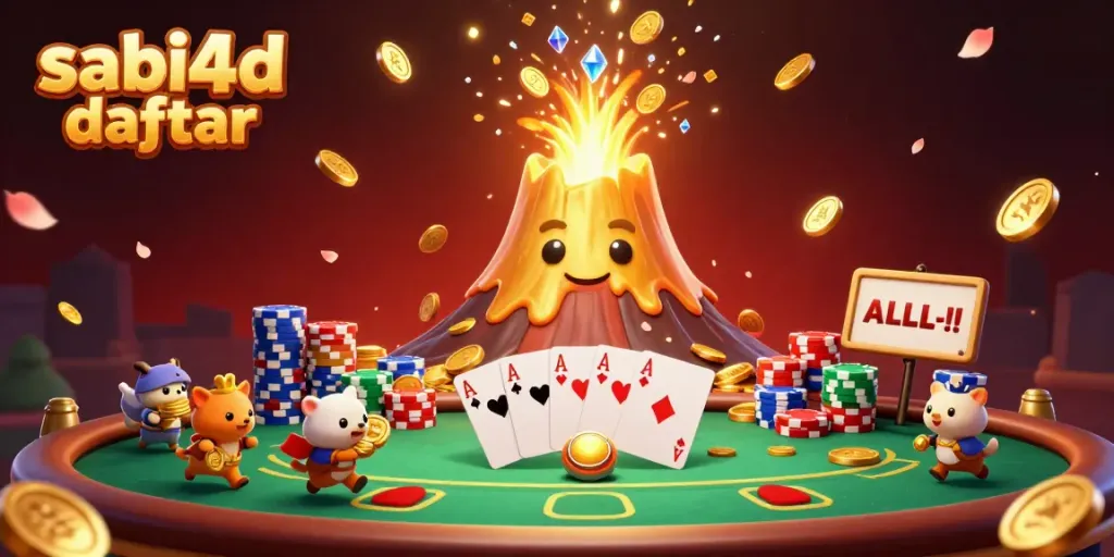 Win big with the sabi4d daftar in this vibrant treasure-filled scene showcasing a golden volcano and poker elements.